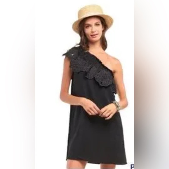 JAYGODFREY Black One-Shoulder Dress with Lace Ruffle Detail size 8 - Picture 1 of 12